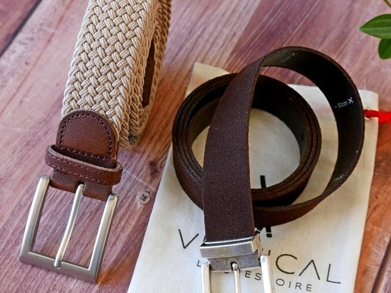 Lot de deux ceintures : 1 ceinture cuir et 1 ceinture tressée
