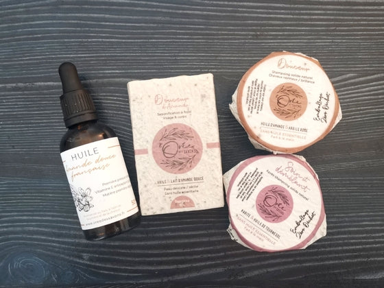 Soins Amande douce : huile, savon, shampoing et après-shampoing solide