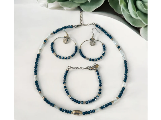 Ensemble collier, bracelet et créoles hématite