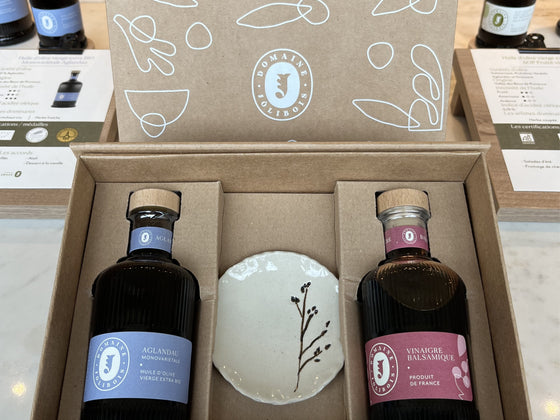 Coffret Huile d'olive et vinaigre balsamique + coupelle