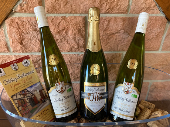 Coffret vin d'Alsace 3 bouteilles blanc et pétillant AOC Gewurztraminer, Riesling