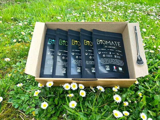 COFFRET MULTI SAVEURS MATÉ BIO + PAILLE FILTRANTE OFFERTE (5 SACHETS DE 50G, GOÛTS PERSONNALISABLES)