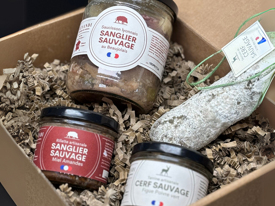 Coffret prestige : 3 produits d'apéritif et 1 plat cuisiné à base de gibier sauvage français