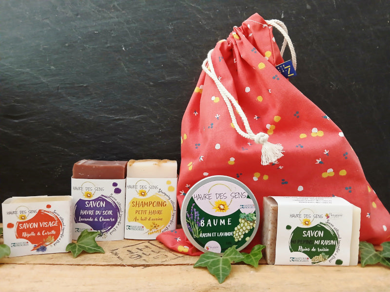 Coffret baume, savons, shampoing et sac