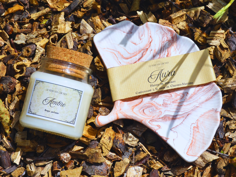 Bougie végétale et plateau feuille de ginkgo Aura