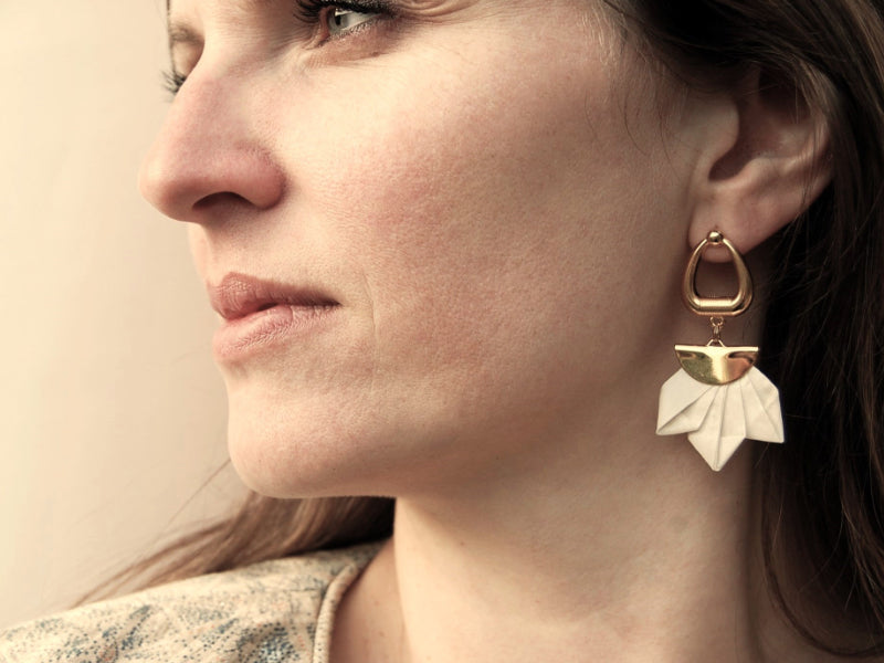 Boucles d'oreilles pliage soie et laiton doré or 24k plusieurs coloris