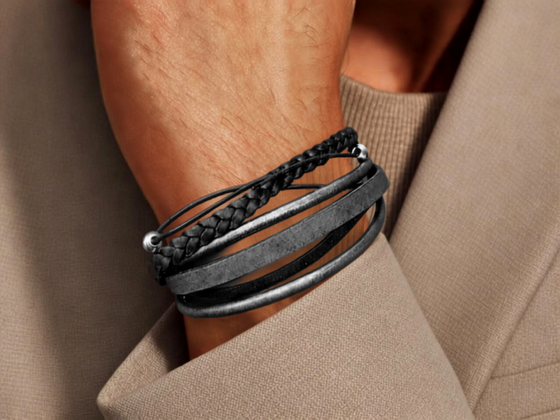 Bracelet homme inox et cuir multi-rangs