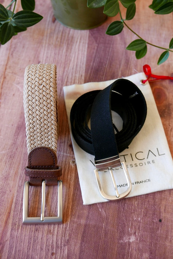 Lot de deux ceintures : 1 ceinture cuir et 1 ceinture tressée