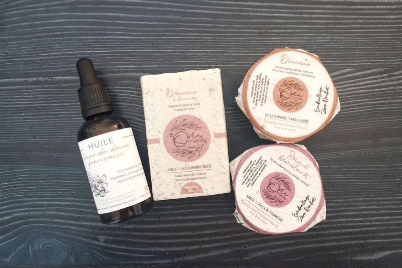 Soins Amande douce : huile, savon, shampoing et après-shampoing solide