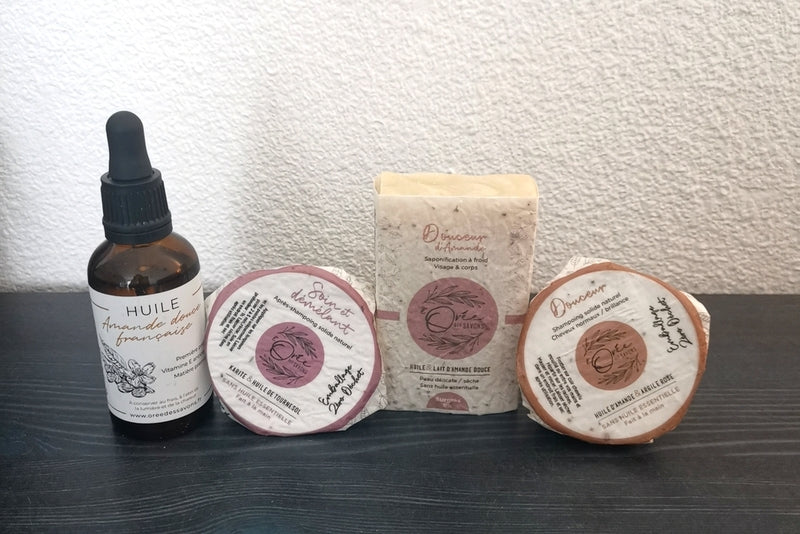 Soins Amande douce : huile, savon, shampoing et après-shampoing solide