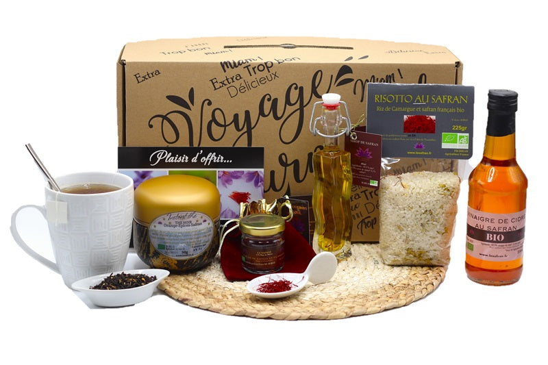 Coffret Saveurs Safran : safran, thé aux épices, sirop, risotto, vinaigre