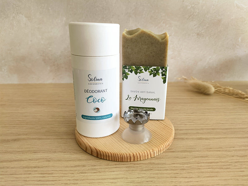 Coffret 4 savons, 1 shampoing, 1 déo, 1 baume chantilly de karité, 1 porte savon