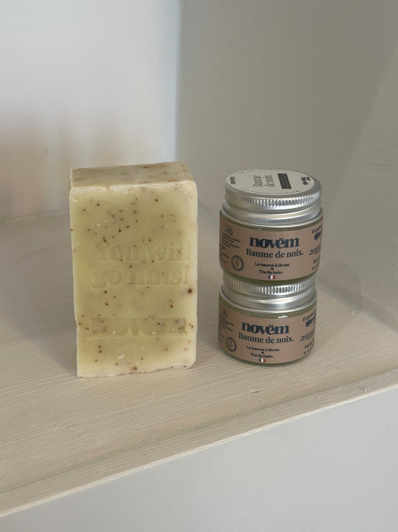 Coffret artisanal savon exfoliant et baumes à lèvres