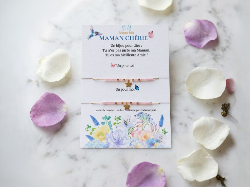 Coffret de 1 bracelet adulte, 1 bracelet enfant en Quartz Rose