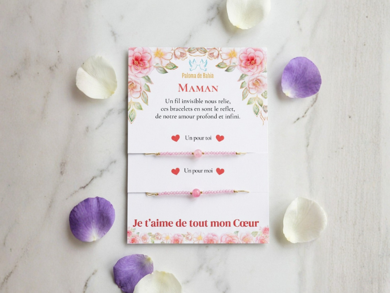 Coffret de 1 bracelet adulte et 1 bracelet enfant en Quartz Rose