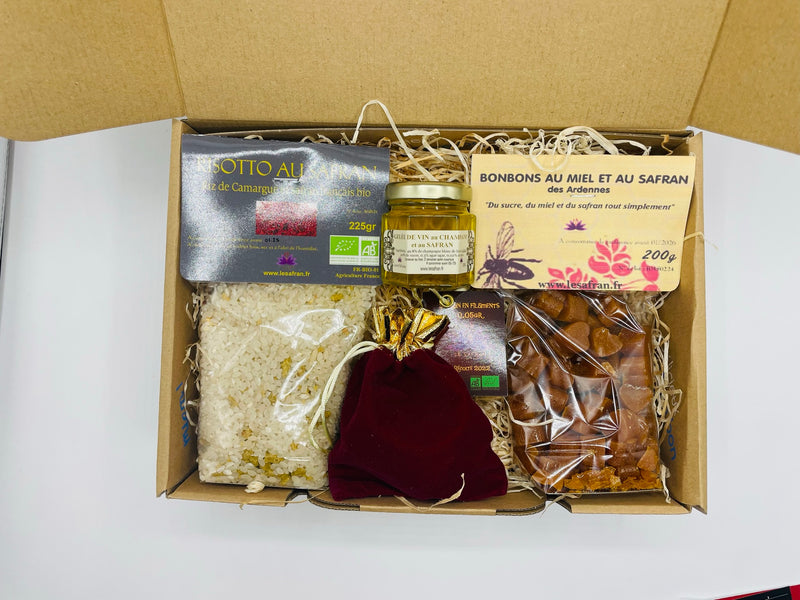 Coffret Sucré Salé Safran : gelée de champagne, risotto, bonbons de miel