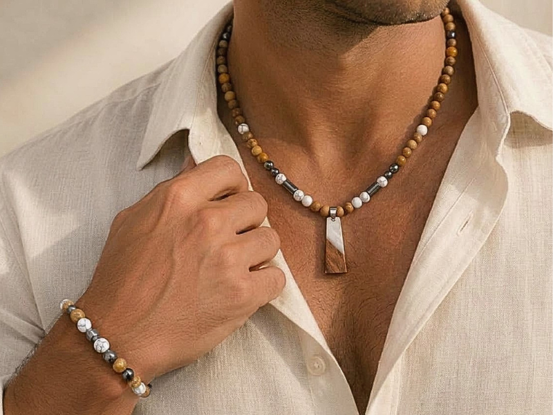 Collier et bracelet homme en pierres naturelles