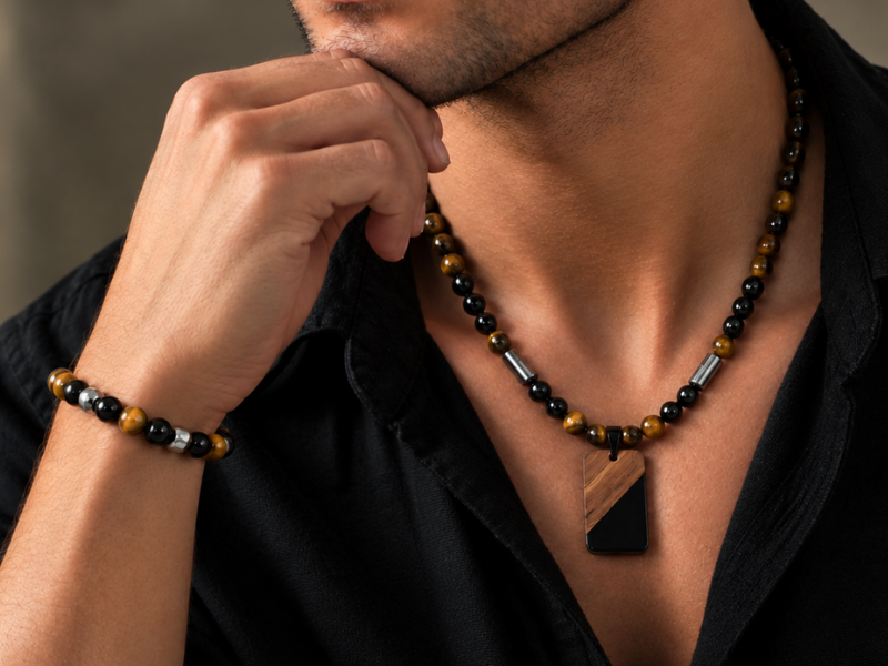 Collier et bracelet homme en pierres naturelles