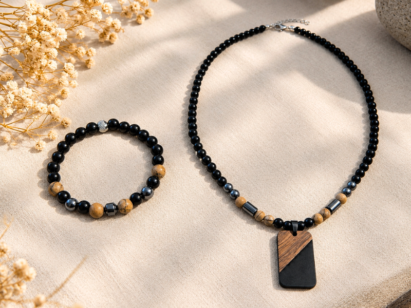 Collier et bracelet homme en pierres naturelles