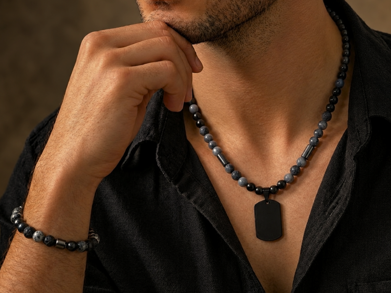 Collier et bracelet homme en pierres naturelles