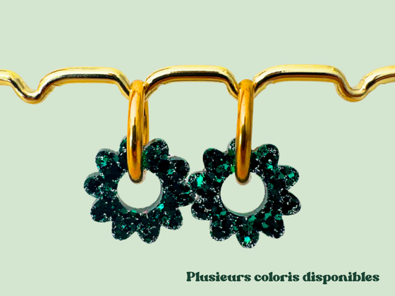 Boucles d'oreilles Fleurs Marguerites Pailletées