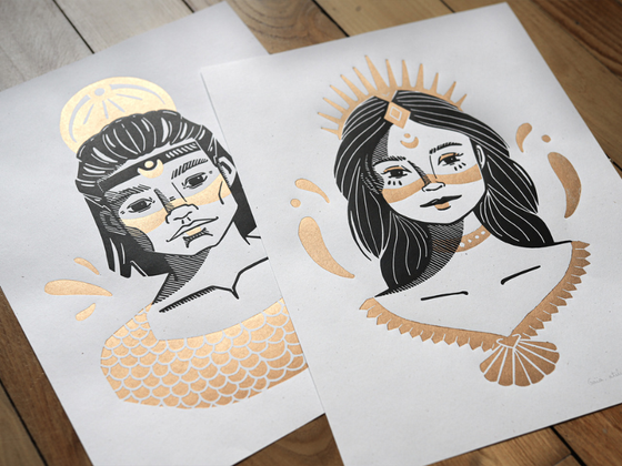 2 Linogravures Duo Gaïa & Atlas - Tirage artisanal A3 30×40 cm