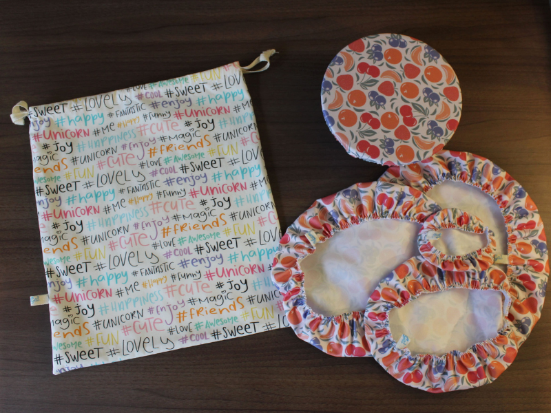 Lot  sac à pain en tissu bio et 5 charlottes couvre plat