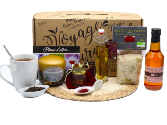 Coffret Saveurs Safran : safran, thé aux épices, sirop, risotto, vinaigre