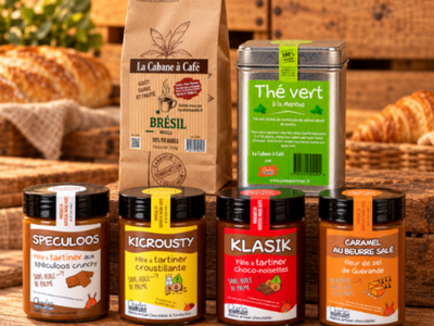 Assortiment de pâtes à tartiner, thé et café