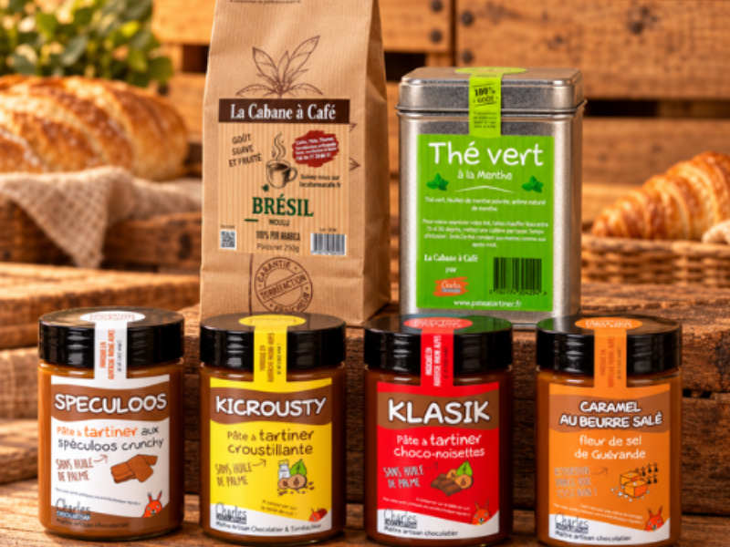 Assortiment de pâtes à tartiner, thé et café
