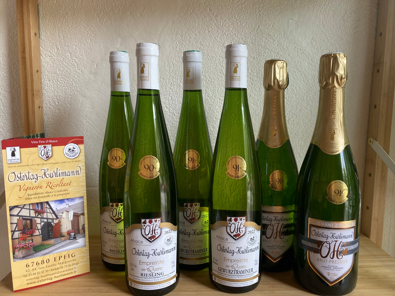 Coffret vin d'Alsace 6 bouteilles blanc et pétaillant AOC Gewurztraminer, Riesling et Crémant