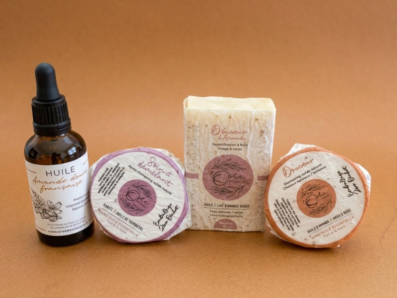 Soins Amande douce : huile, savon, shampoing et après-shampoing solide