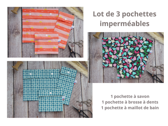 Lot de 3 pochettes imperméables (pour savon, brosse à dents et maillot de bain)