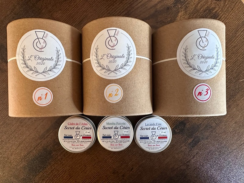 3 Bougies Originales (cire de colza & huiles essentielles) 3 Secrets : anti-mites