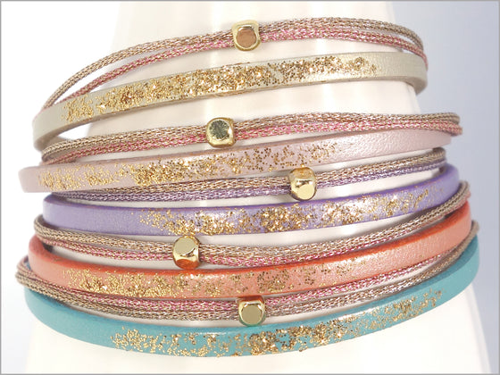 Bracelet réglable en cuir irisé et paillettes pour femme