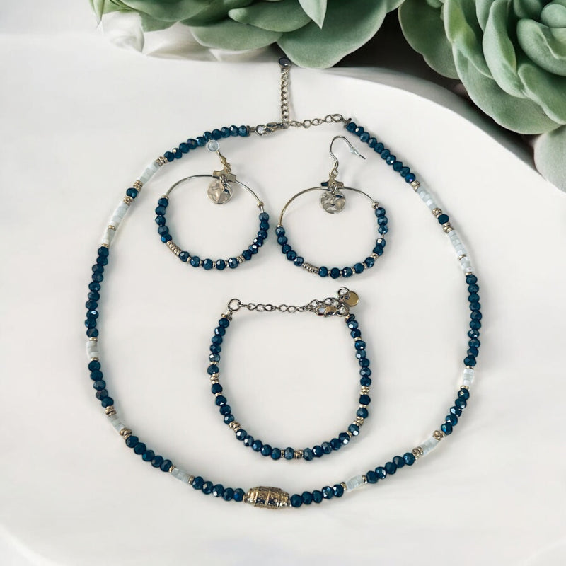 Ensemble collier, bracelet et créoles hématite