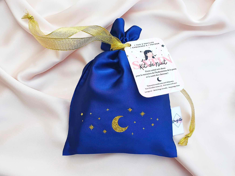 Taie d'oreiller, pochon et chouchou satin touché soie