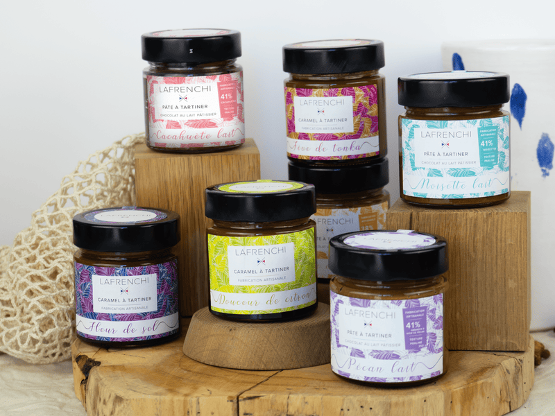 Sélection de 7 pots de caramels et pâtes à tartiner (chocolat au lait)