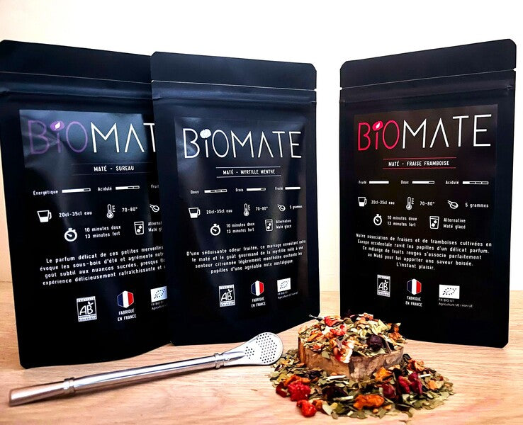 COFFRET FRUITÉ MATÉ BIO + PAILLE FILTRANTE OFFERTE (3 SACHETS DE 50G, SAVEURS PERSONNALISABLES)