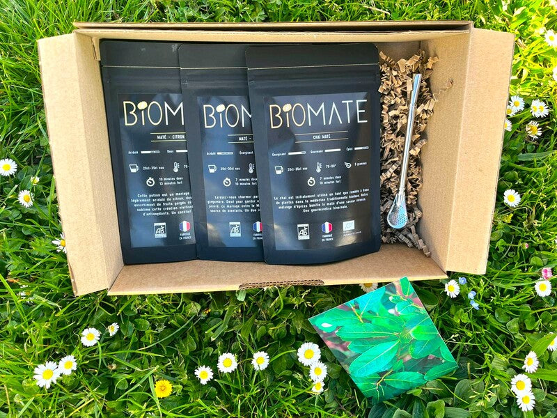 COFFRET VOYAGE MATÉ BIO + PAILLE FILTRANTE OFFERTE (3 SACHETS DE 100G, SAVEURS PERSONNALISABLES)