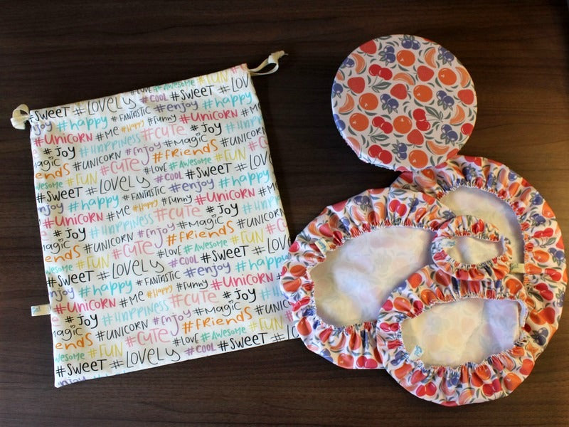 Lot  sac à pain en tissu bio et 5 charlottes couvre plat