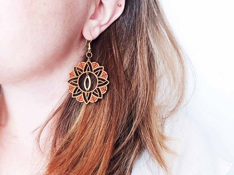 Boucles d'oreilles en bois, bijoux mandala, CHAANDRA