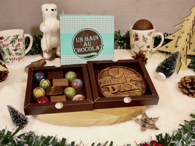 Coffret gourmand: bonbon chocolaté, Médaille de Dax en chocolat, Orangettes maison