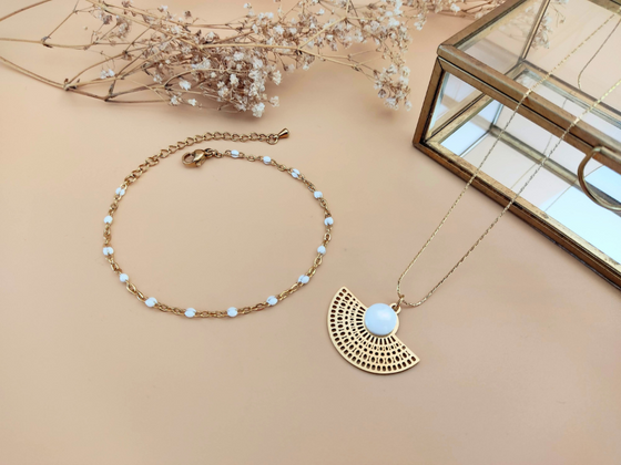 Parure 1 collier pendentif en nacre ou agate et 1 bracelet