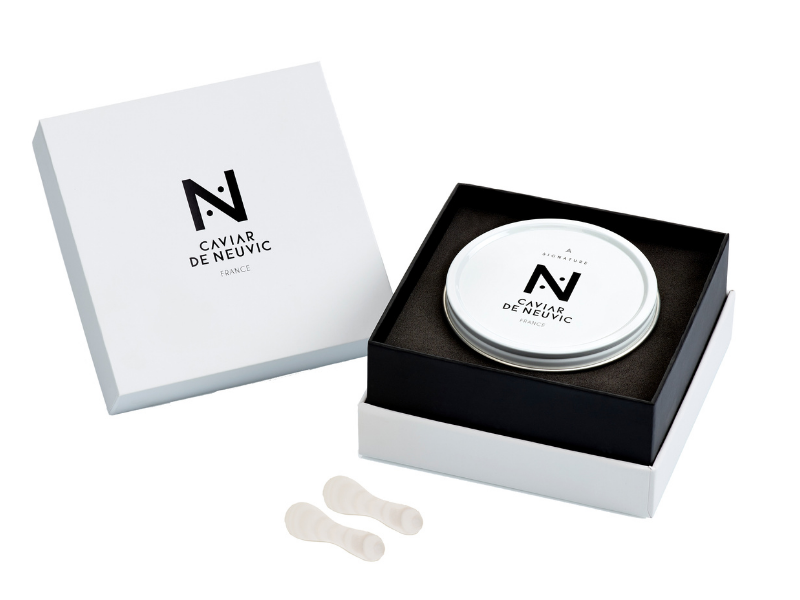 DUEBEL Plat à Caviar En Verre Cœur Avec Bord Or + 2 Cuillères Nacre - Refroidisseur Élégant