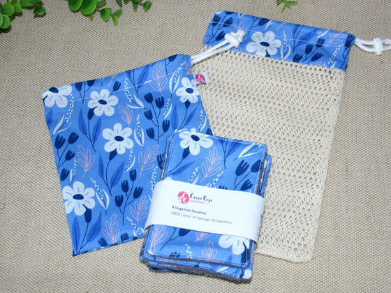 Ensemble lingettes lavables, filet de lavage en coton bio et pochette de rangement