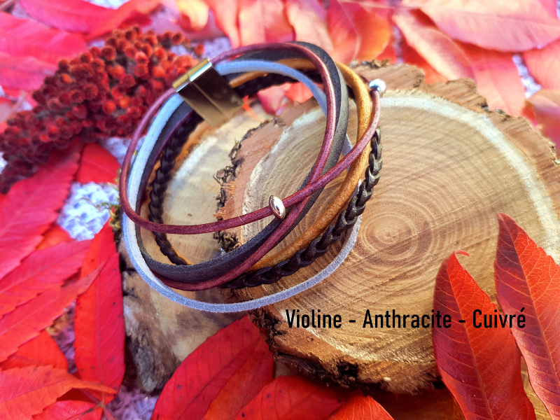 Bracelet homme inox et cuir multi-rangs