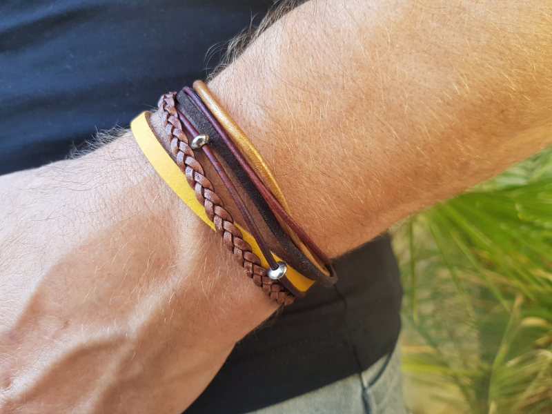 Bracelet homme inox et cuir multi-rangs