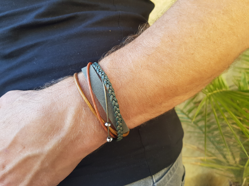 Bracelet homme inox et cuir multi-rangs