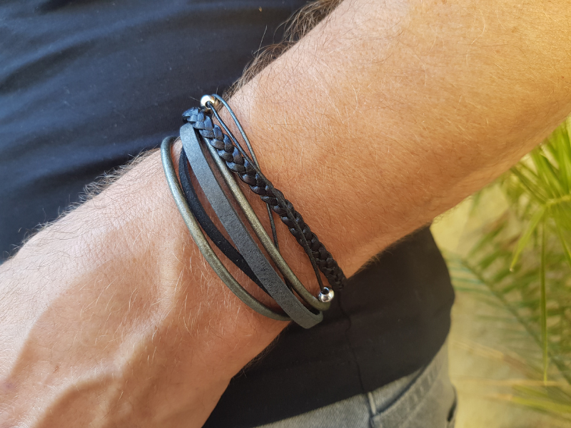 Bracelet homme inox et cuir multi-rangs
